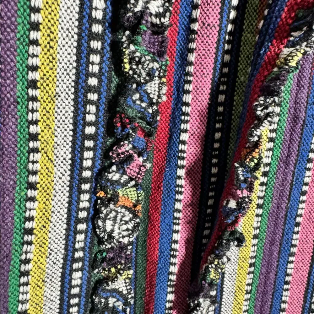Chico's Boho Jacket Women‎ XL Rainbow Embroidery Woven Open Front Pockets Ruffle